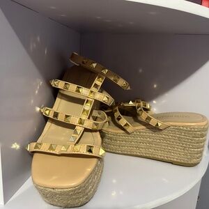 Olivia Miller- Golden Studded Tan Wedge Heels